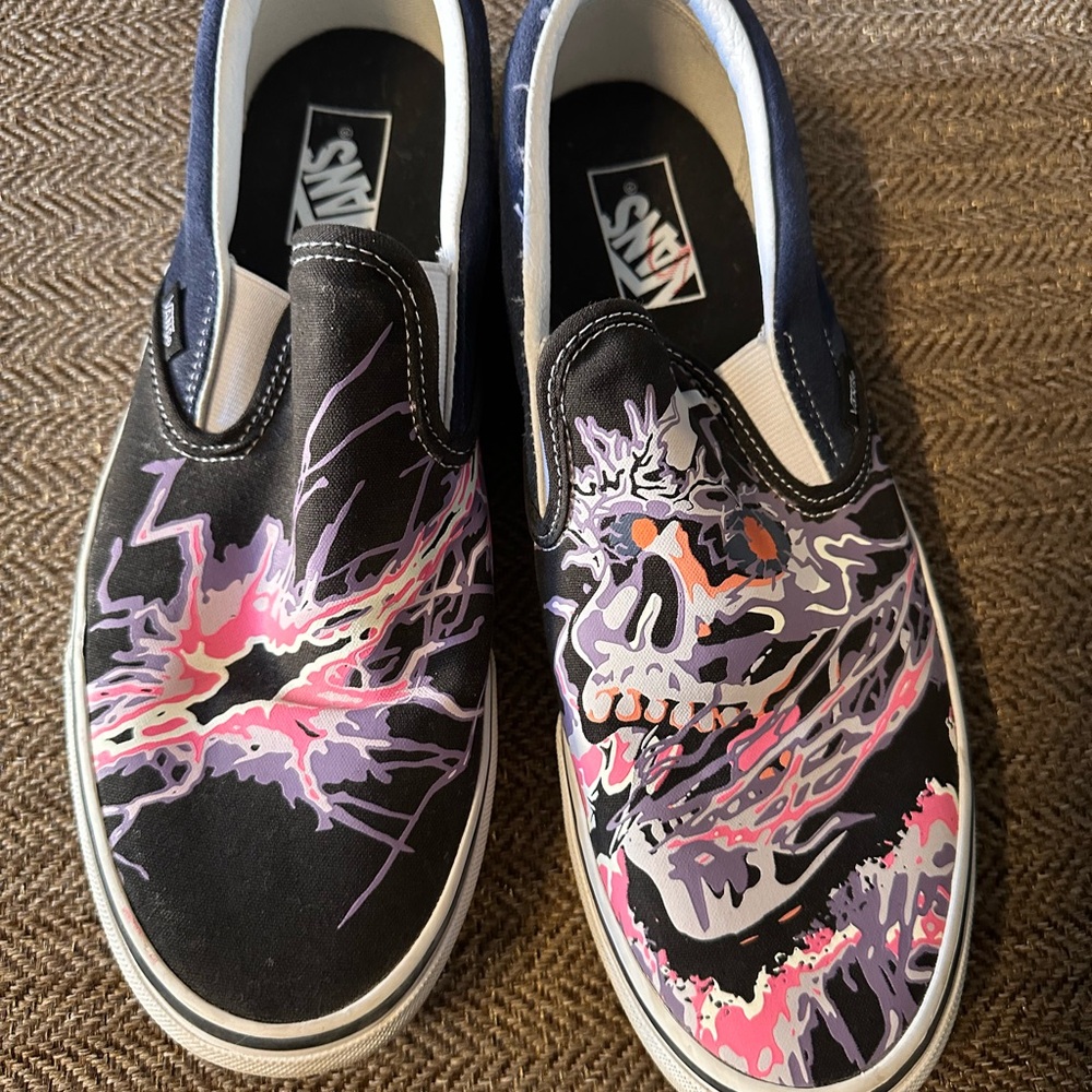 Vans Slip-On Black Canvas Sneakers with Pink & Purple Skull Graphic